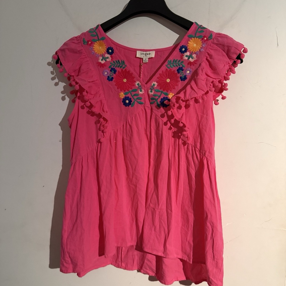 Umgee Pink Medium Embroidered Pom Pom Top Boho Flutter Sleeve Ruffle Peasant
